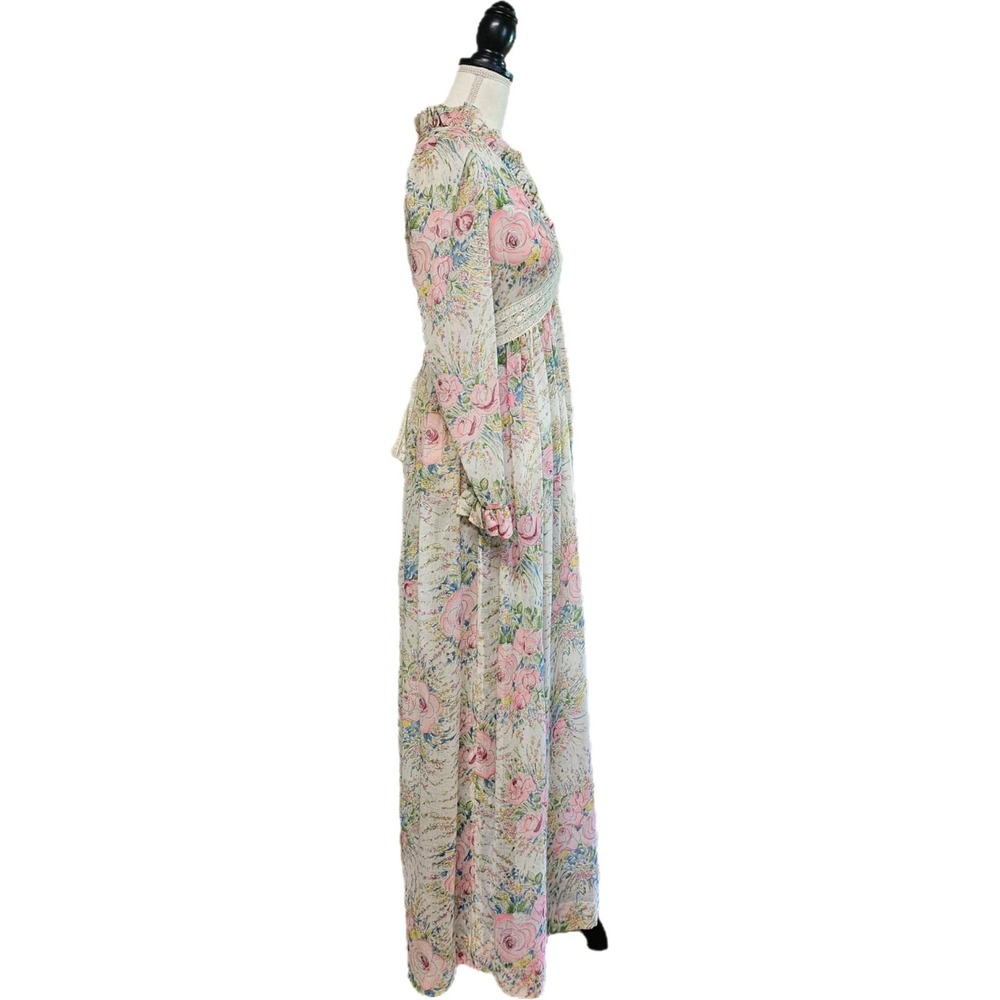 Vintage 70s Act I Floral Watercolor Maxi Prairie Dress Size S Hippie Cottagecore - Picture 3 of 10